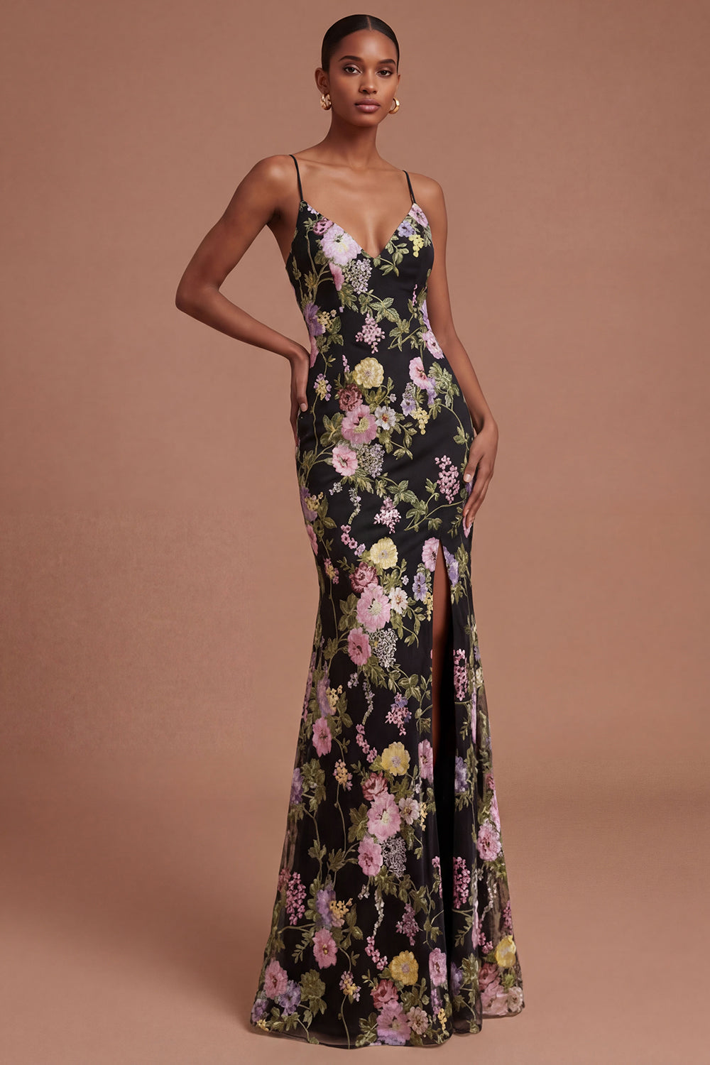 Sheath Black Pink Floral Spaghetti Straps Long Prom Dress with Slit