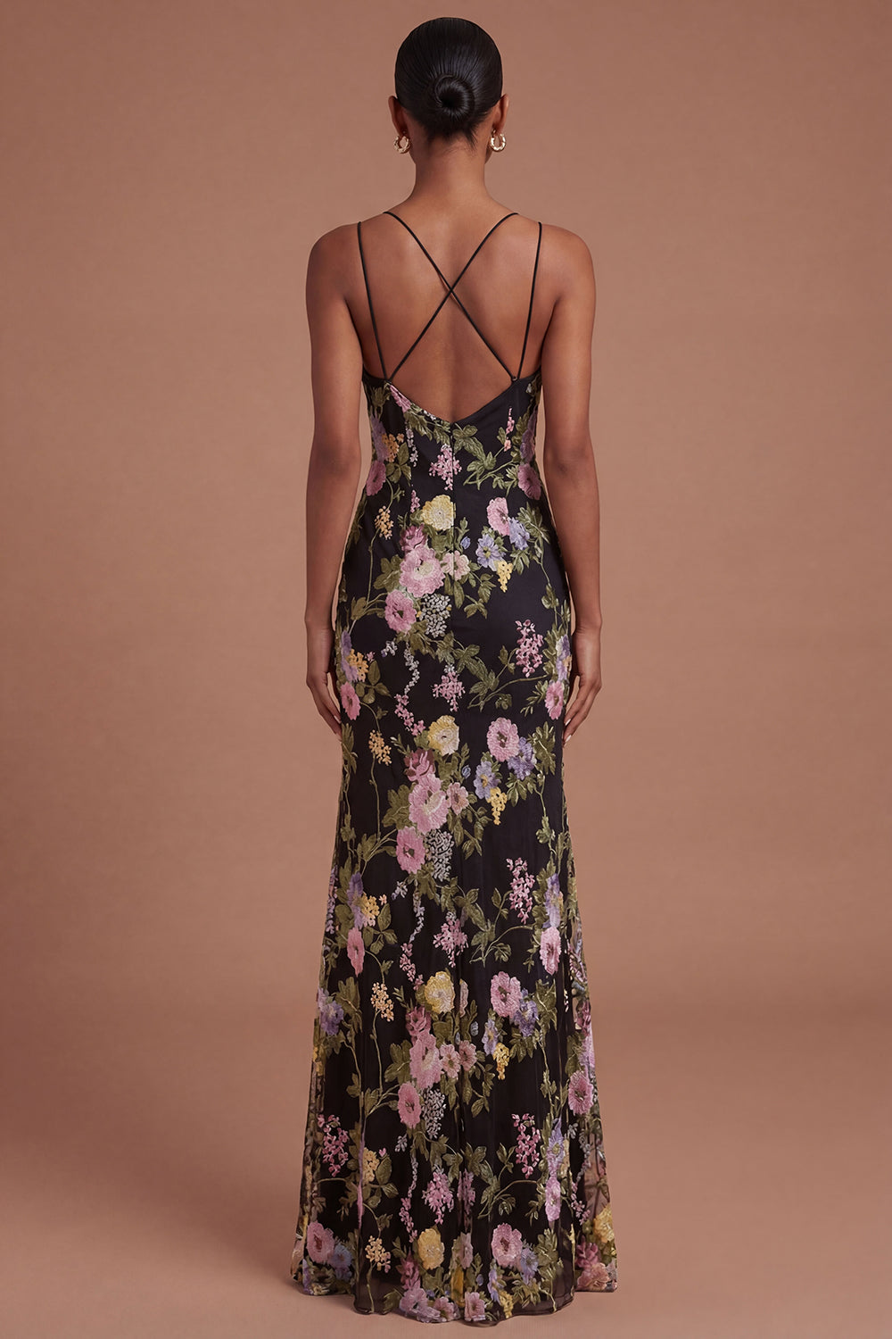 Sheath Black Pink Floral Spaghetti Straps Long Prom Dress with Slit