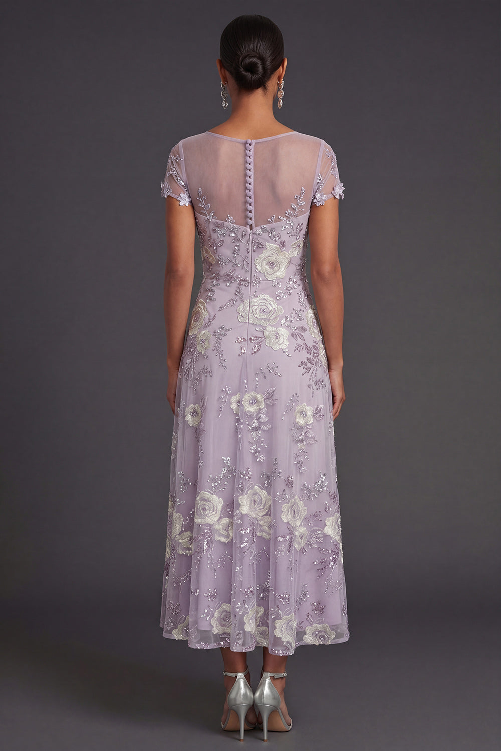 Sparkly Beaded Dusty Purple Illusion Neck Floral A Line Midi Formal Dress