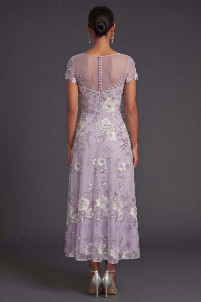 Sparkly Beaded Dusty Purple Illusion Neck Floral A Line Midi Formal Dress