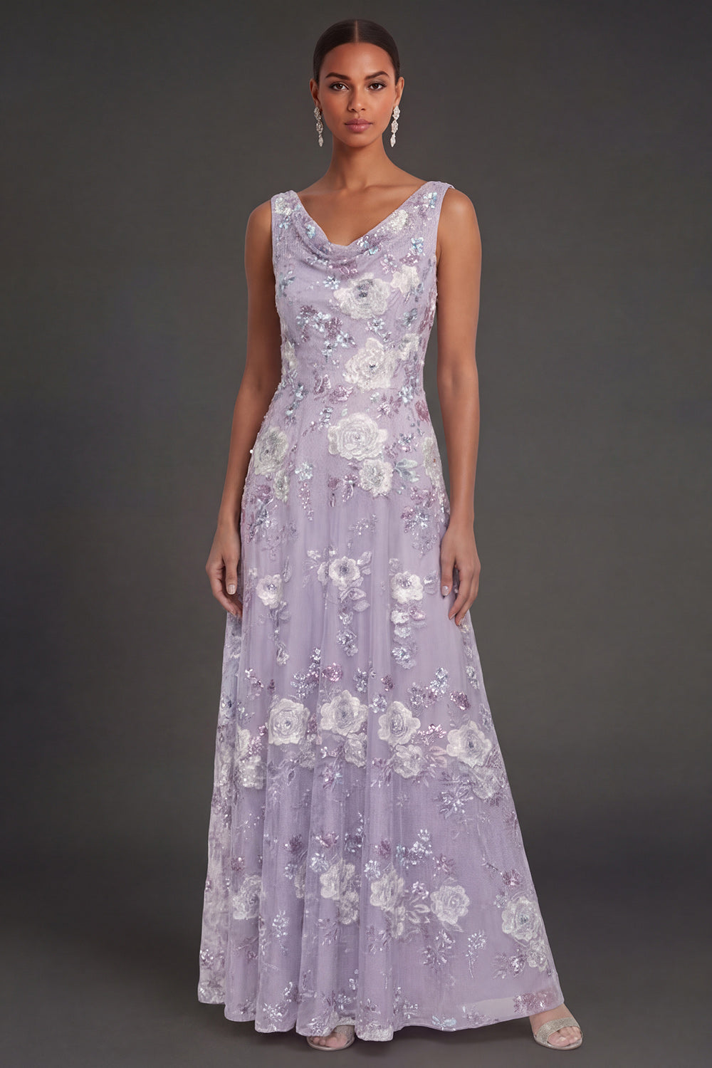 Sparkly Beaded Dusty Purple Cowl Neck Floral Appliqued Long Formal Dress