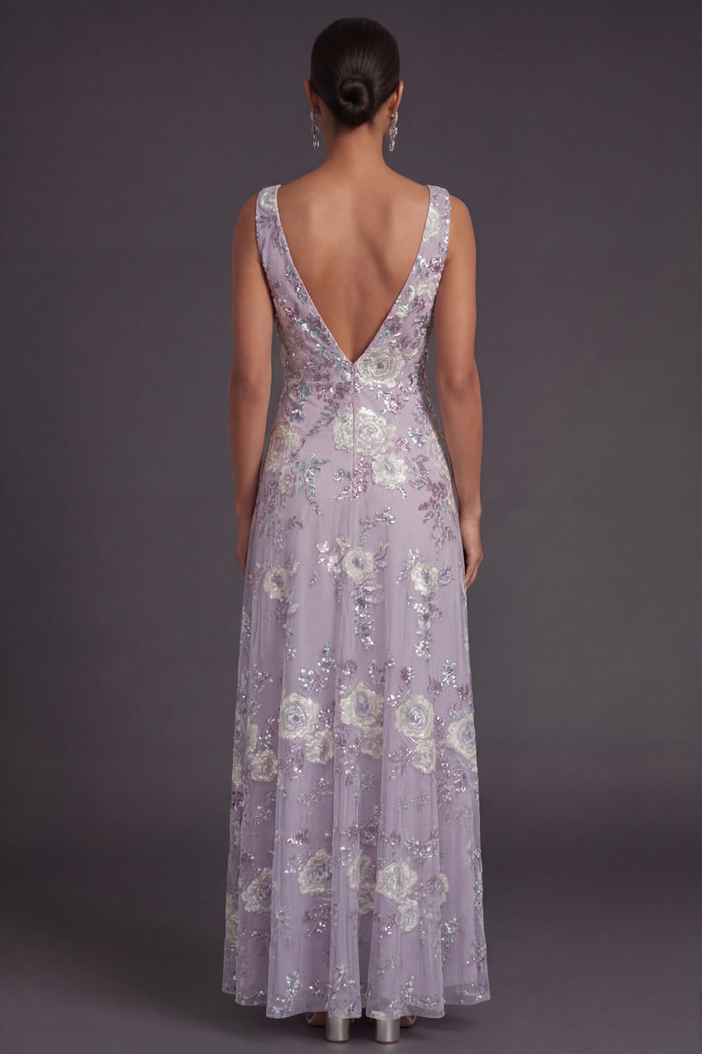Sparkly Beaded Dusty Purple Cowl Neck Floral Appliqued Long Formal Dress
