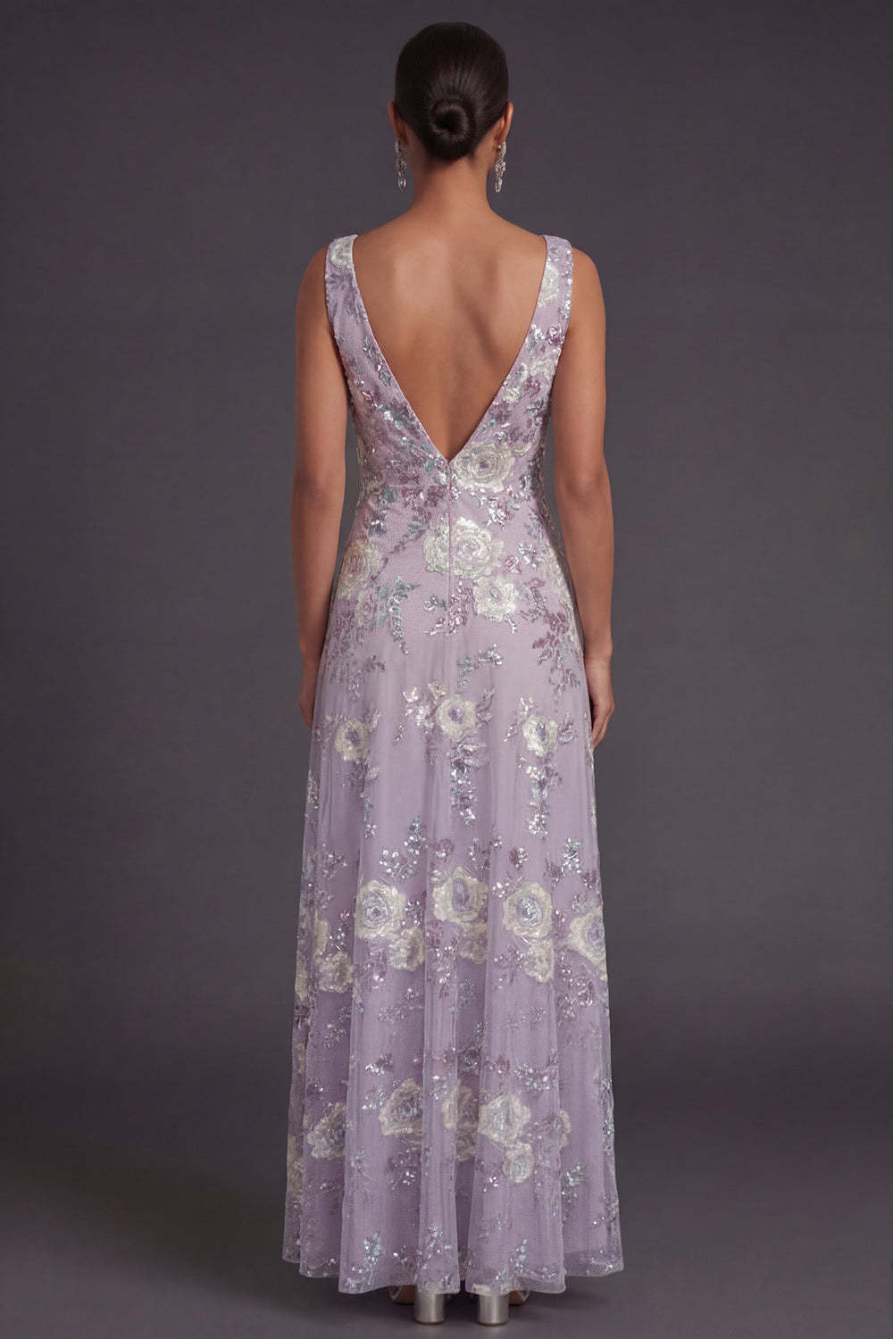 Sparkly Beaded Dusty Purple Cowl Neck Floral Appliqued Long Formal Dress