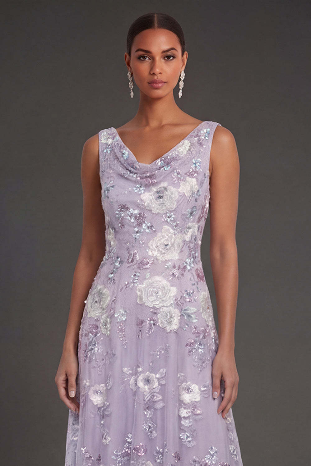 Sparkly Beaded Dusty Purple Cowl Neck Floral Appliqued Long Formal Dress