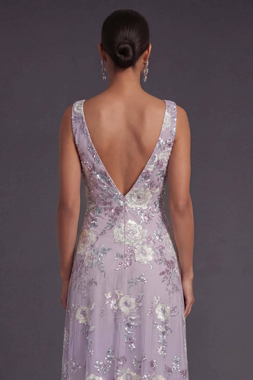 Sparkly Beaded Dusty Purple Cowl Neck Floral Appliqued Long Formal Dress