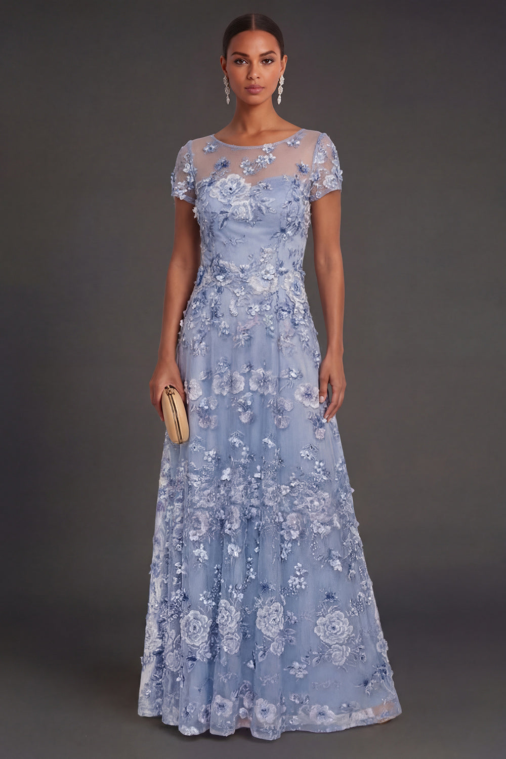 Sparkly Beaded Dusty Blue Floral Illusion Neck A Line Long Wedding Guest Dress