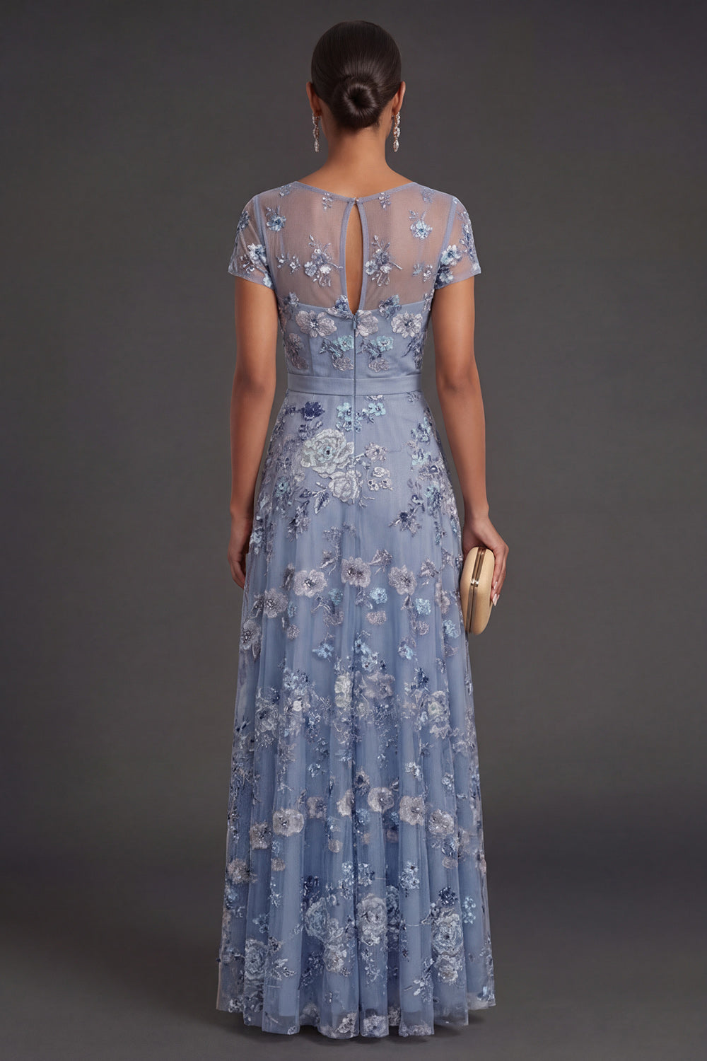 Sparkly Beaded Dusty Blue Floral Illusion Neck A Line Long Wedding Guest Dress