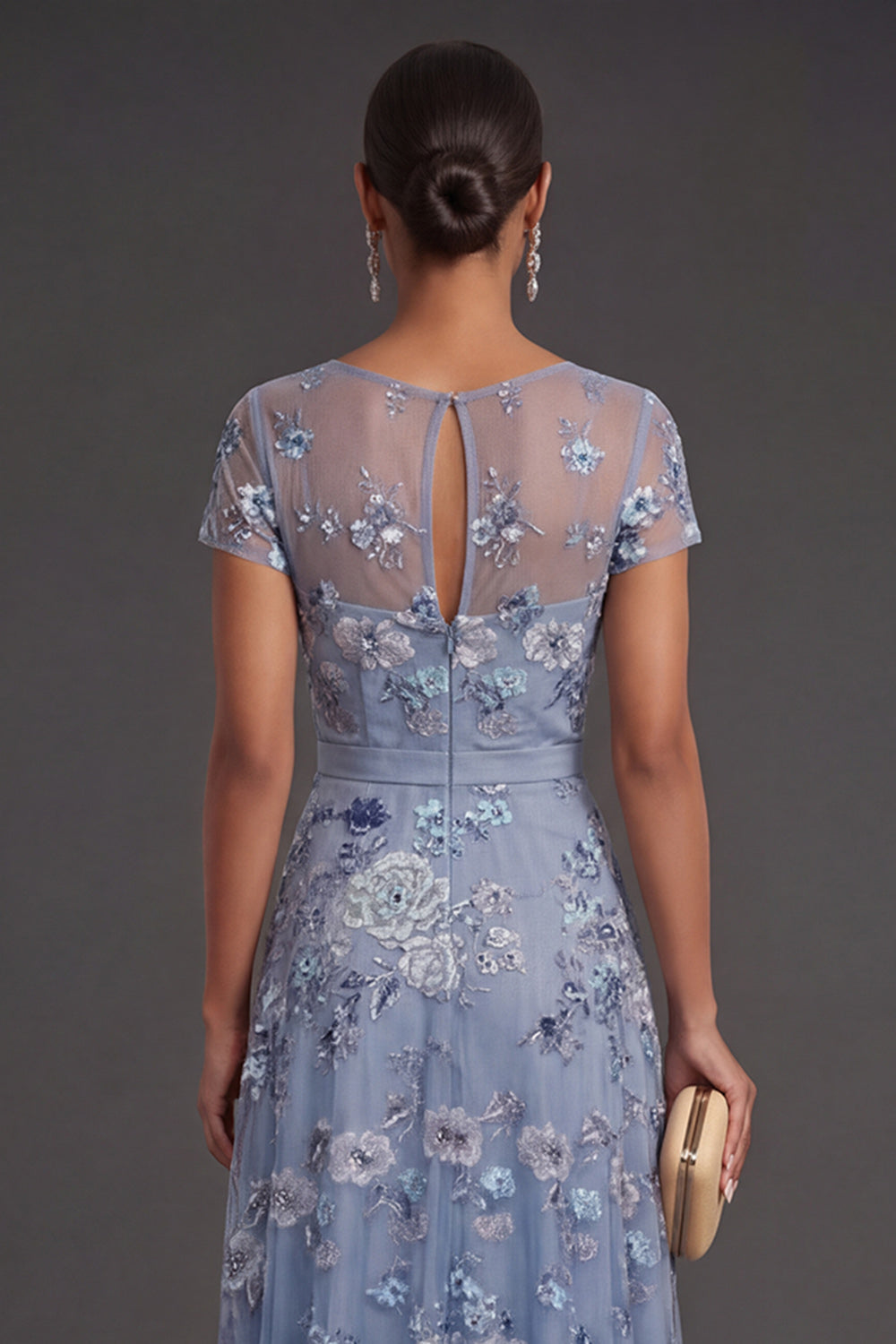 Sparkly Beaded Dusty Blue Floral Illusion Neck A Line Long Wedding Guest Dress