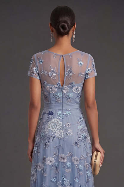 Sparkly Beaded Dusty Blue Floral Illusion Neck A Line Long Wedding Guest Dress