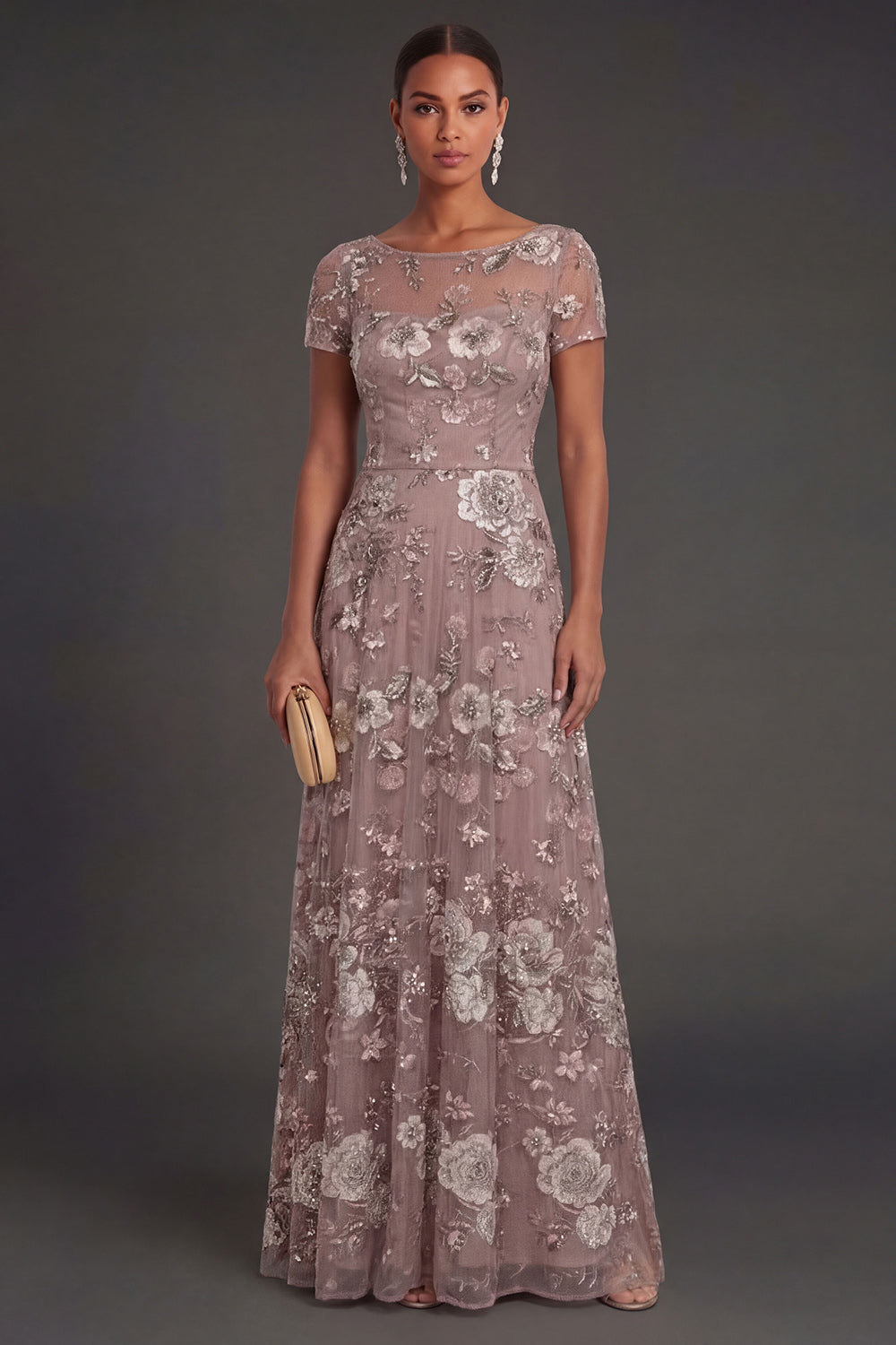 Sparkly Beaded Dusty Blue Floral Illusion Neck A Line Long Wedding Guest Dress