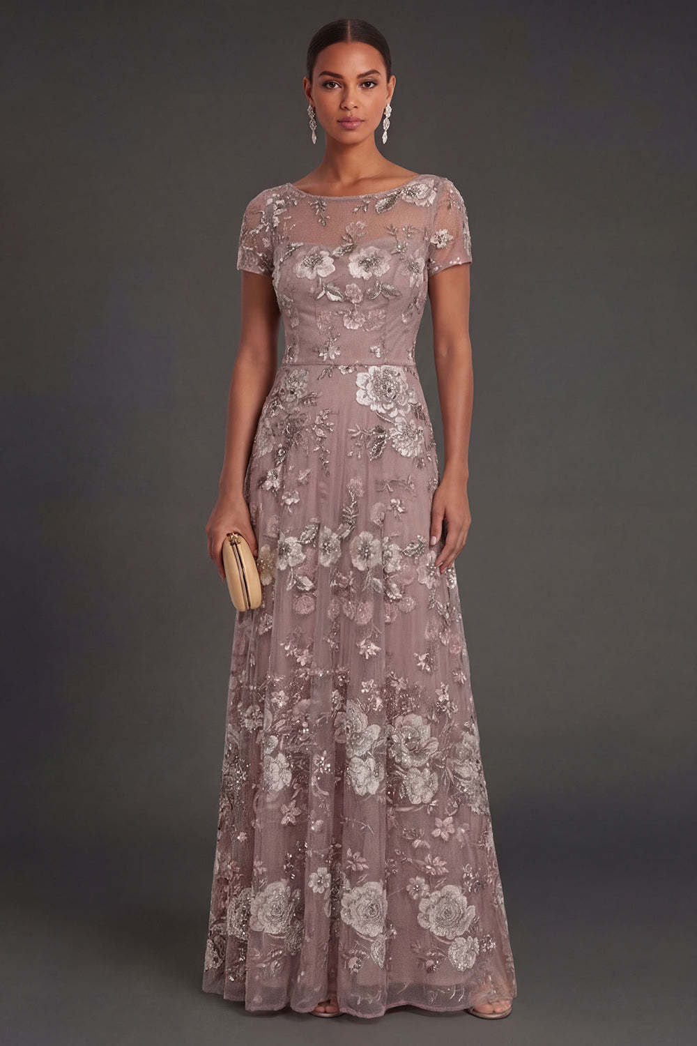 Sparkly Beaded Dusty Blue Floral Illusion Neck A Line Long Wedding Guest Dress