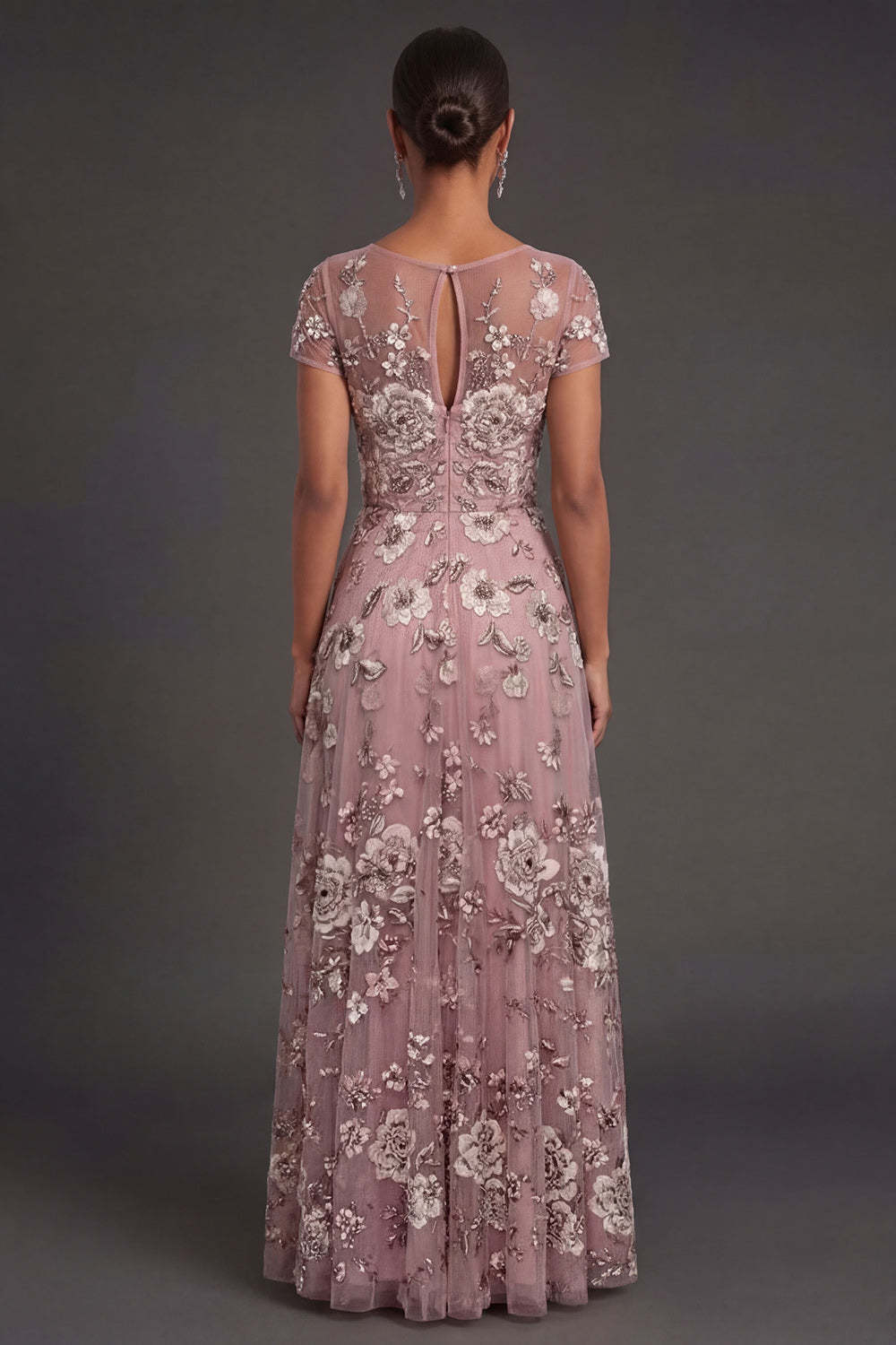 Sparkly Beaded Dusty Blue Floral Illusion Neck A Line Long Wedding Guest Dress