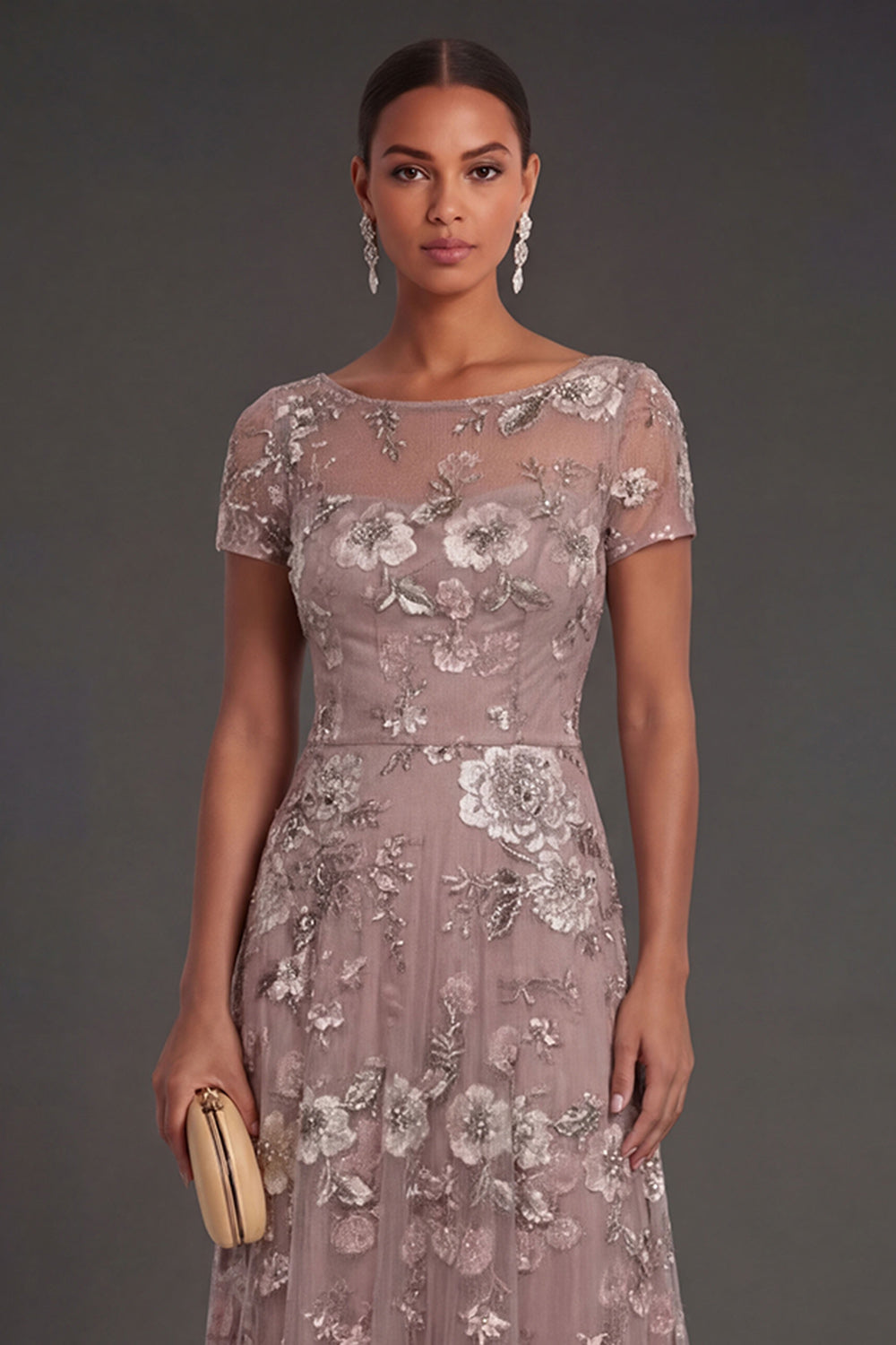 Sparkly Beaded Dusty Blue Floral Illusion Neck A Line Long Wedding Guest Dress