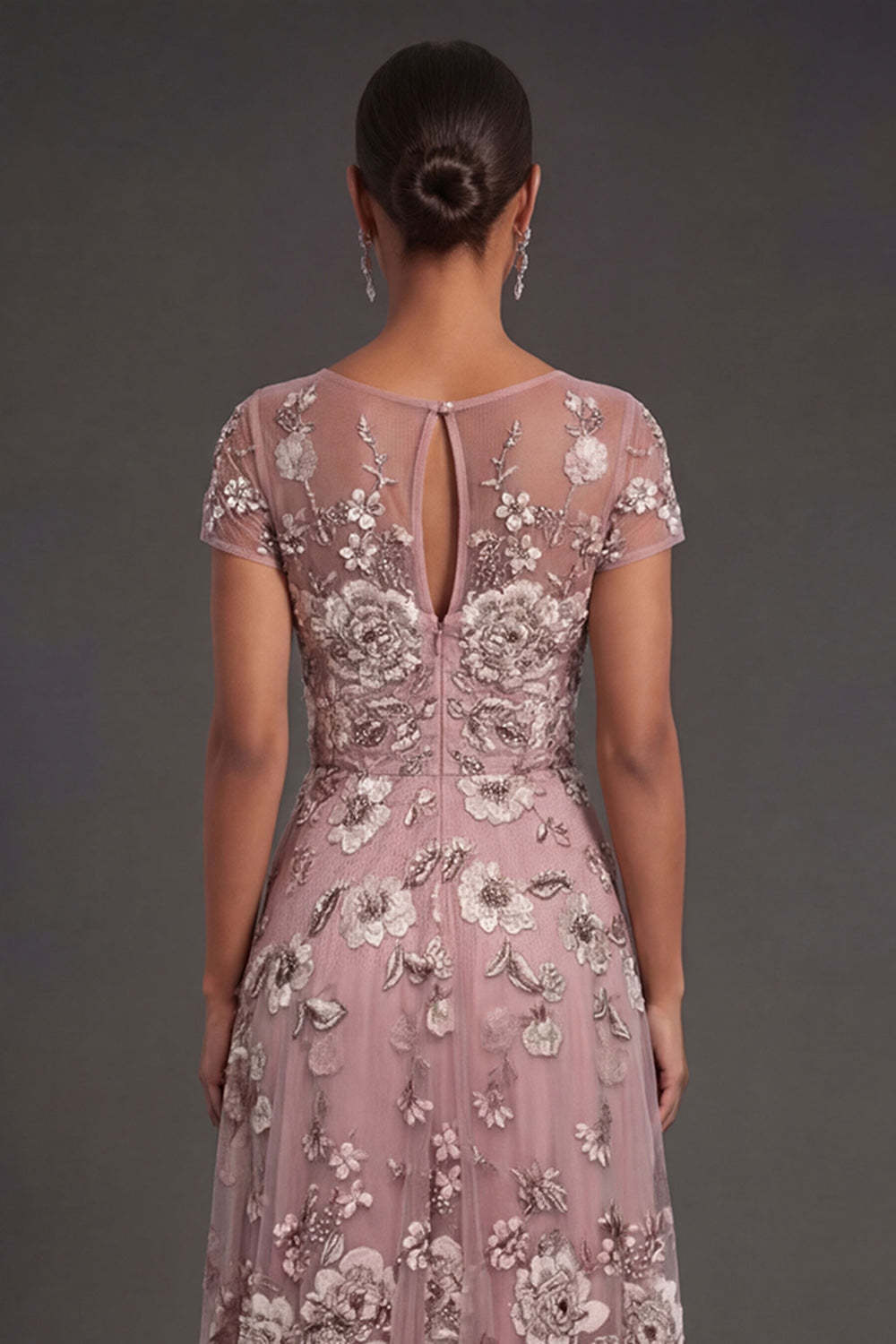 Sparkly Beaded Dusty Blue Floral Illusion Neck A Line Long Wedding Guest Dress