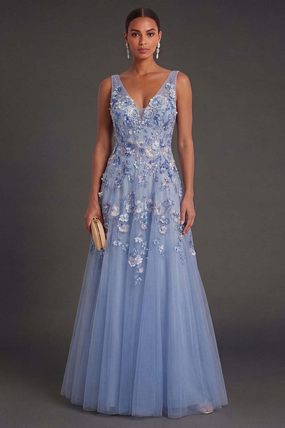 Leely Women Dusty Blue Floral A Line Appliqued Long Wedding Guest Dress V Neck Sleeveless Backless Evening Dress