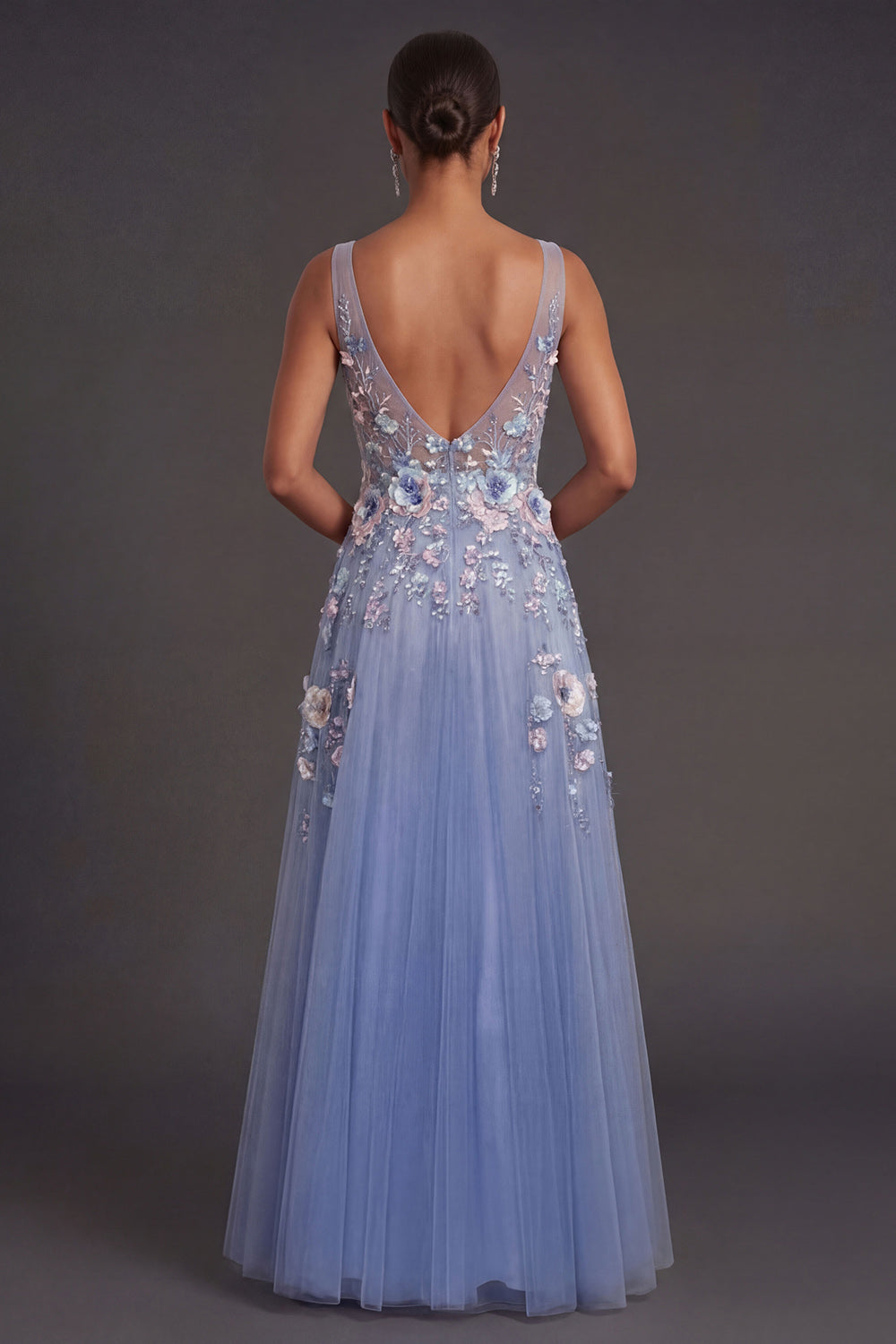 Dusty Blue Floral A Line V Neck Appliqued Long Wedding Guest Dress