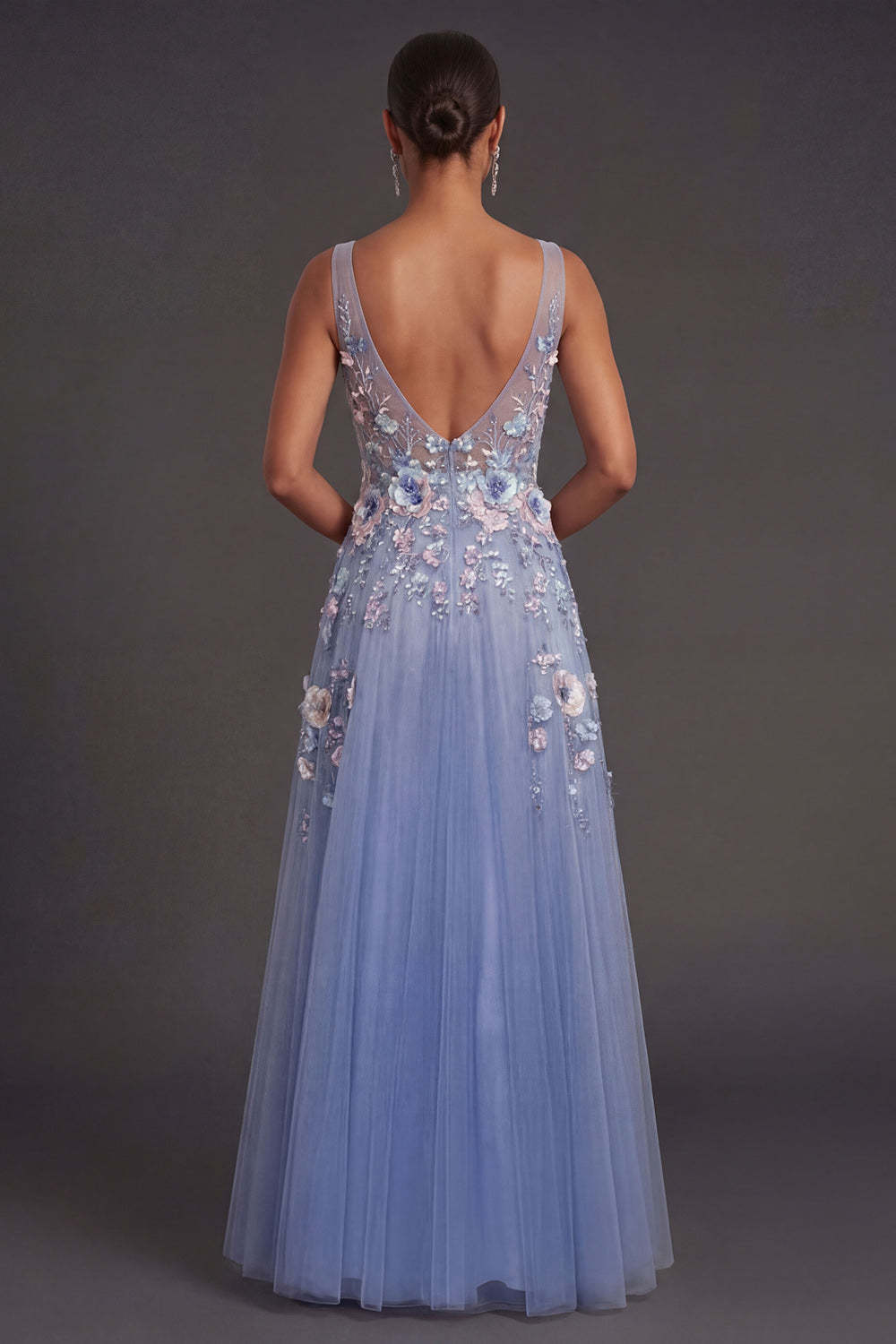 Dusty Blue Floral A Line V Neck Appliqued Long Wedding Guest Dress