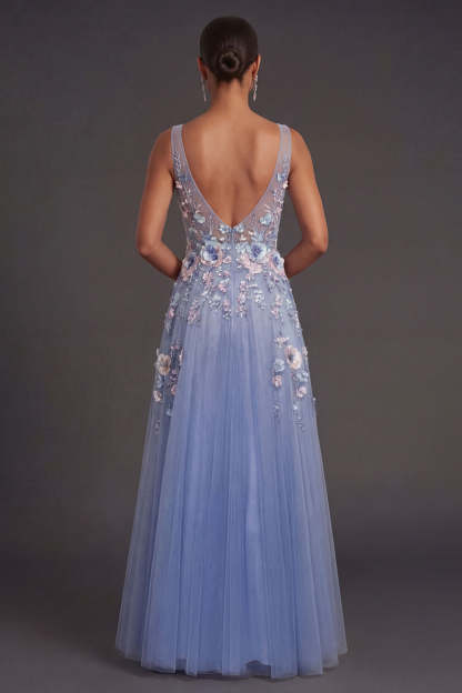 Dusty Blue Floral A Line V Neck Appliqued Long Wedding Guest Dress