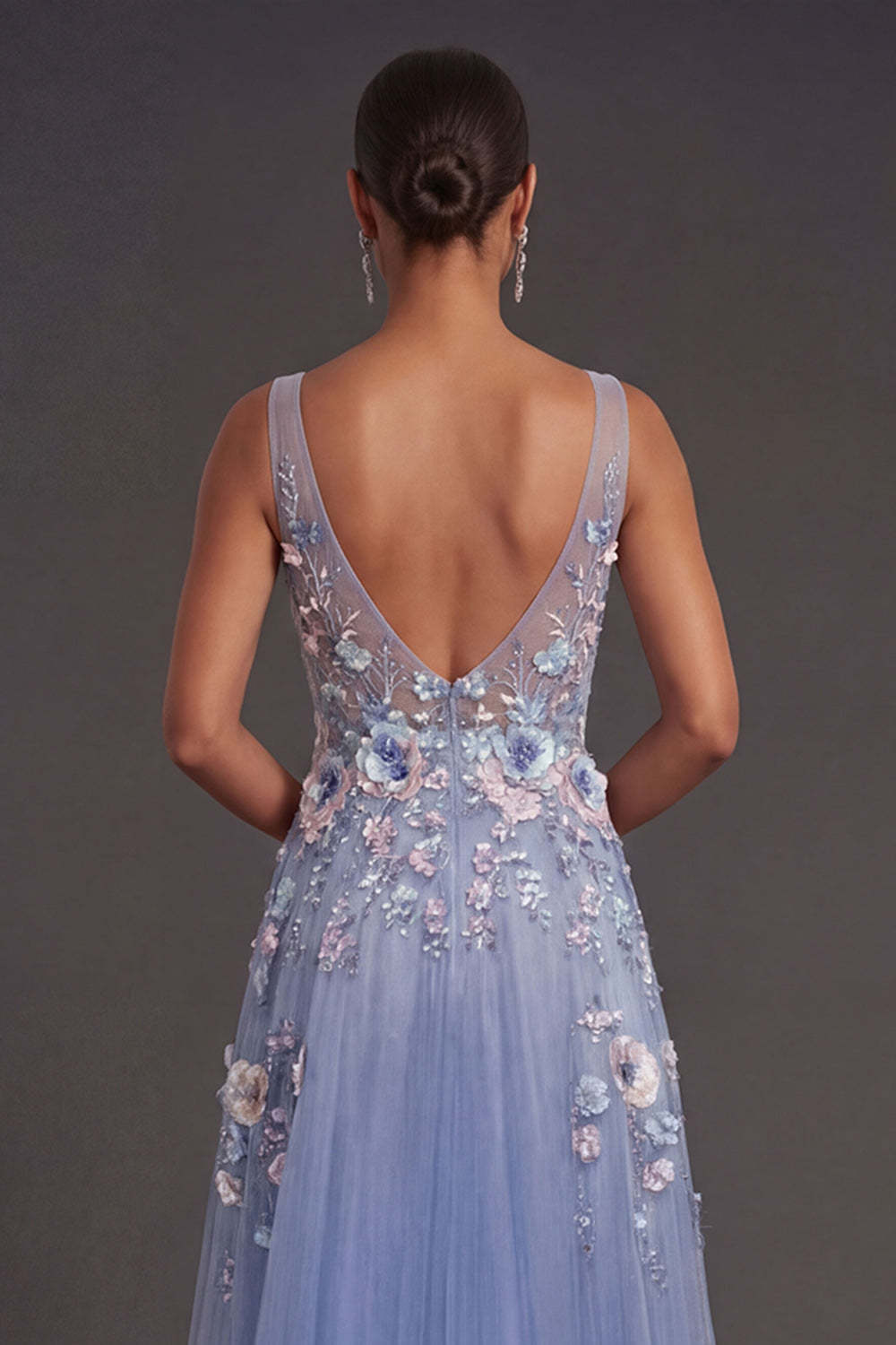 Dusty Blue Floral A Line V Neck Appliqued Long Wedding Guest Dress