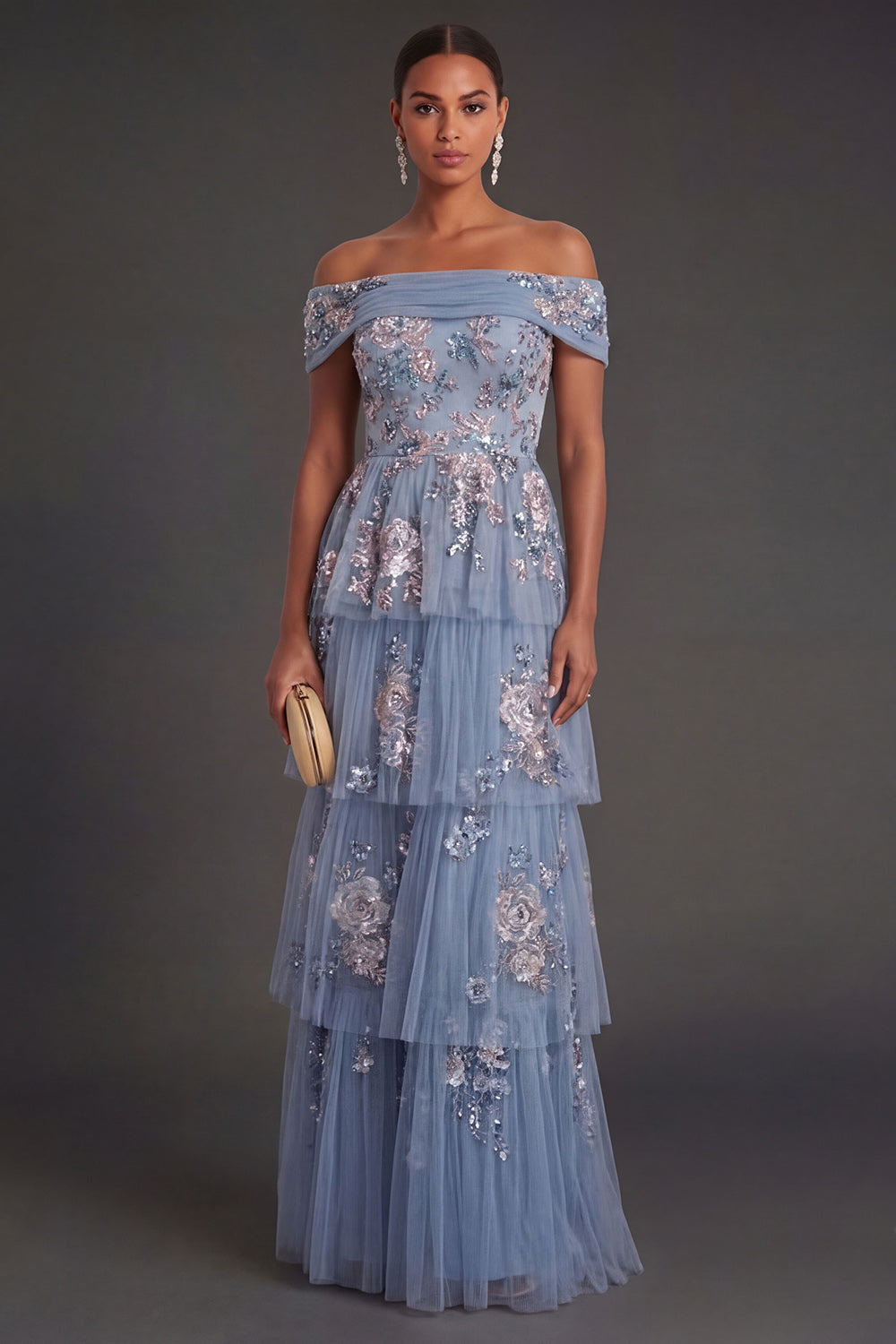 Sparkly Sequined Dusty Blue Floral Off the Shoulder Tiered Long Wedding Guest Dress