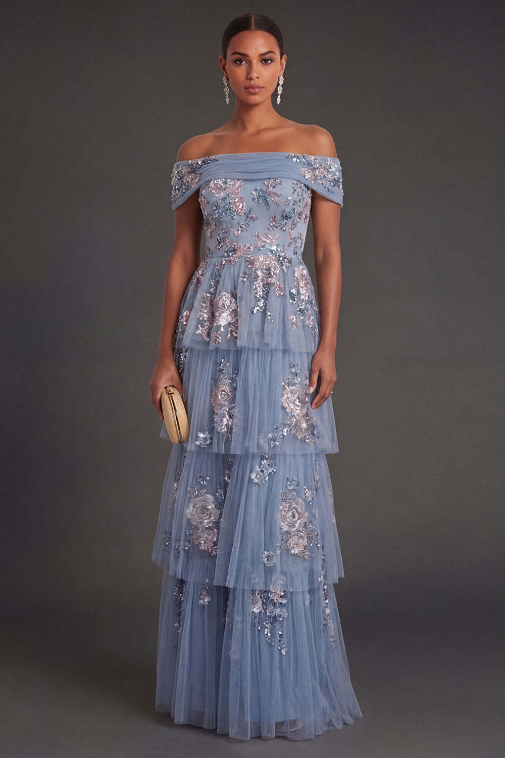 Leely Women Sparkly Sequined Dusty Blue Floral Long Wedding Guest Dress Off the Shoulder Tiered Backless Evening Dress