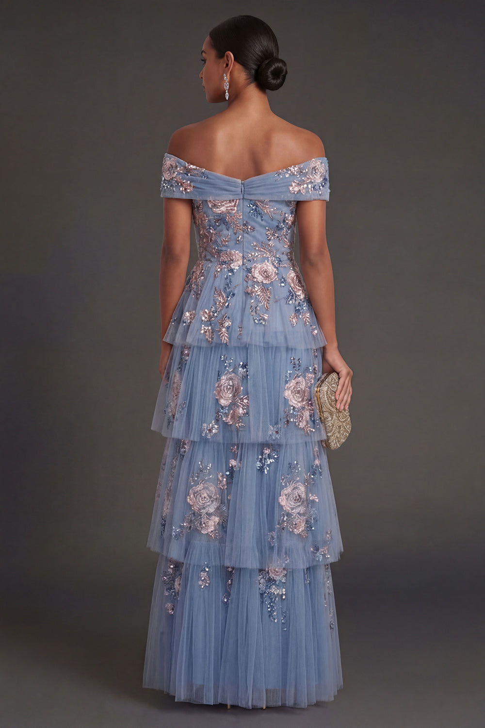 Sparkly Sequined Dusty Blue Floral Off the Shoulder Tiered Long Wedding Guest Dress