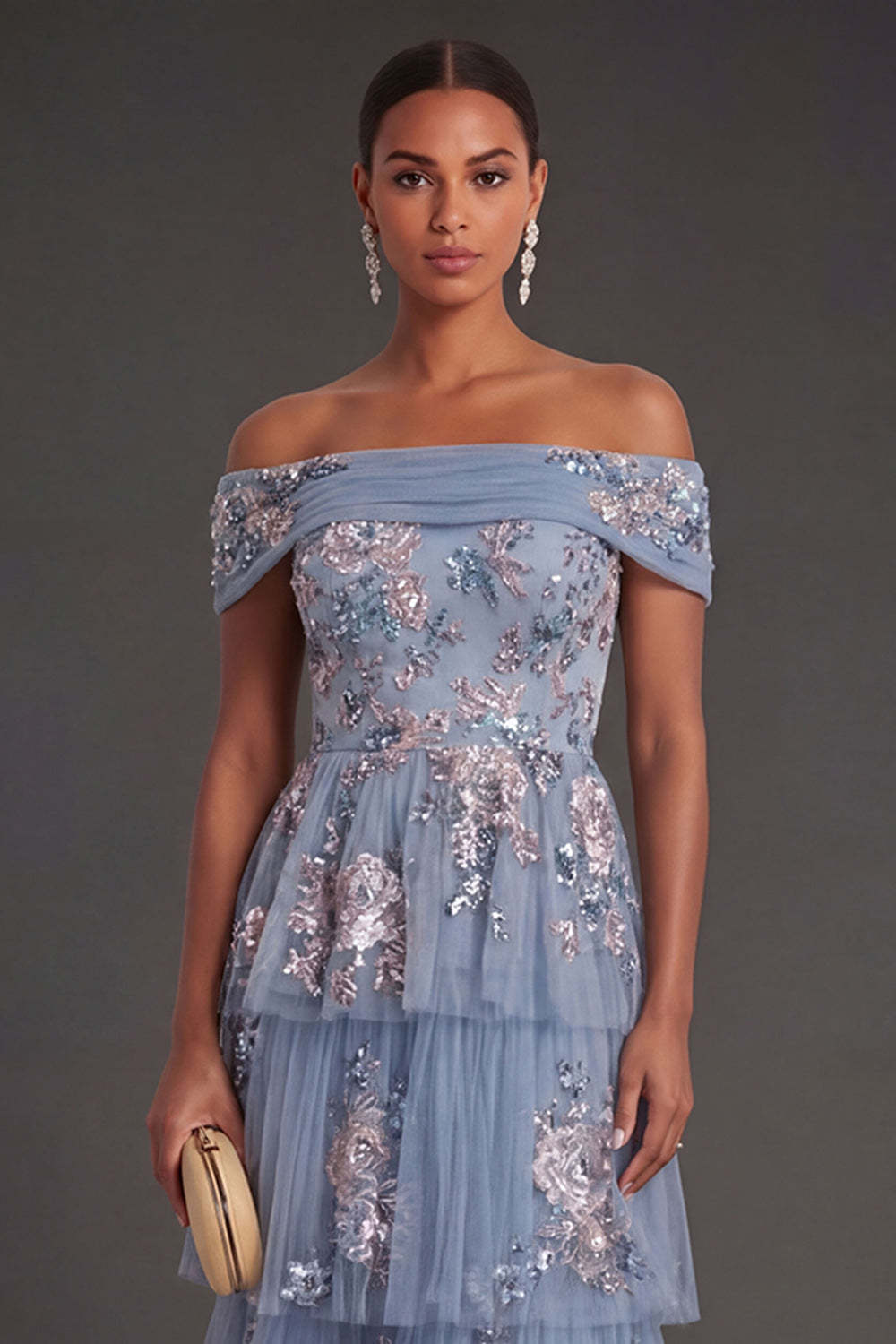 Sparkly Sequined Dusty Blue Floral Off the Shoulder Tiered Long Wedding Guest Dress