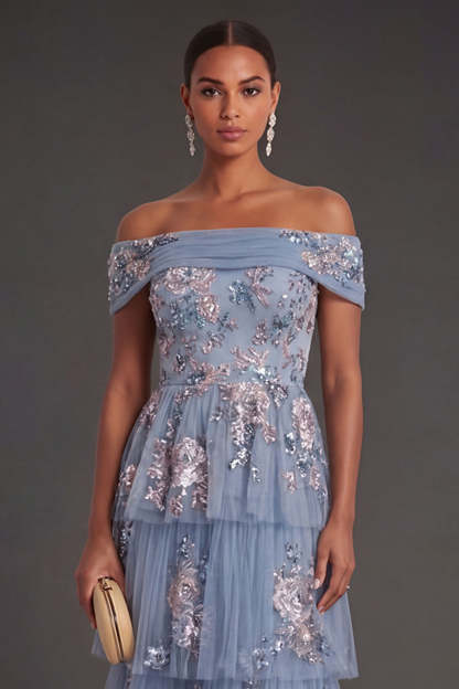 Sparkly Sequined Dusty Blue Floral Off the Shoulder Tiered Long Wedding Guest Dress