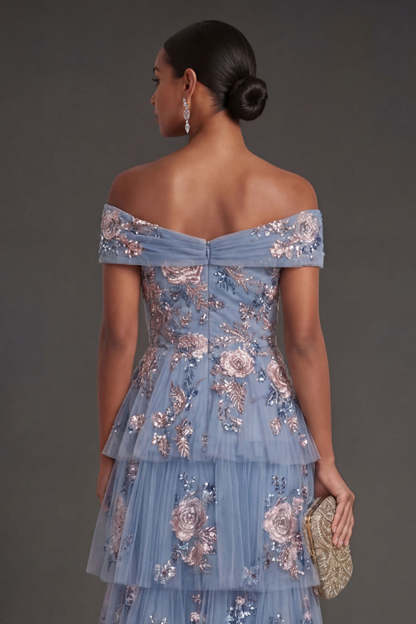 Sparkly Sequined Dusty Blue Floral Off the Shoulder Tiered Long Wedding Guest Dress