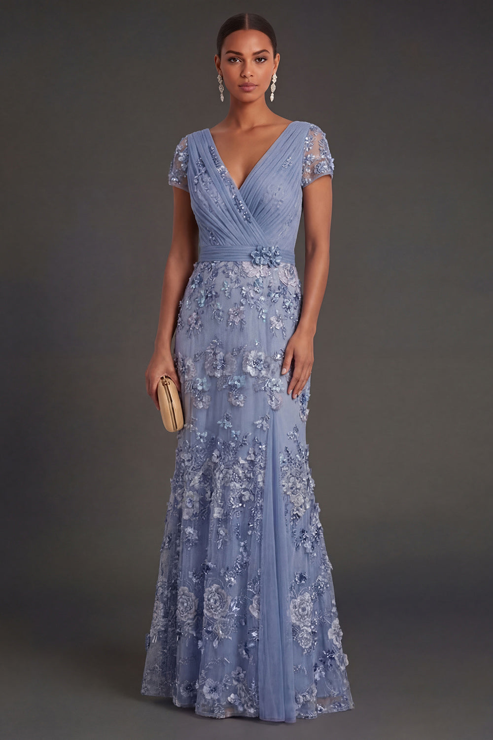 Sparkly Sequined Dusty Blue Floral V Neck Long Wedding Guest Dress