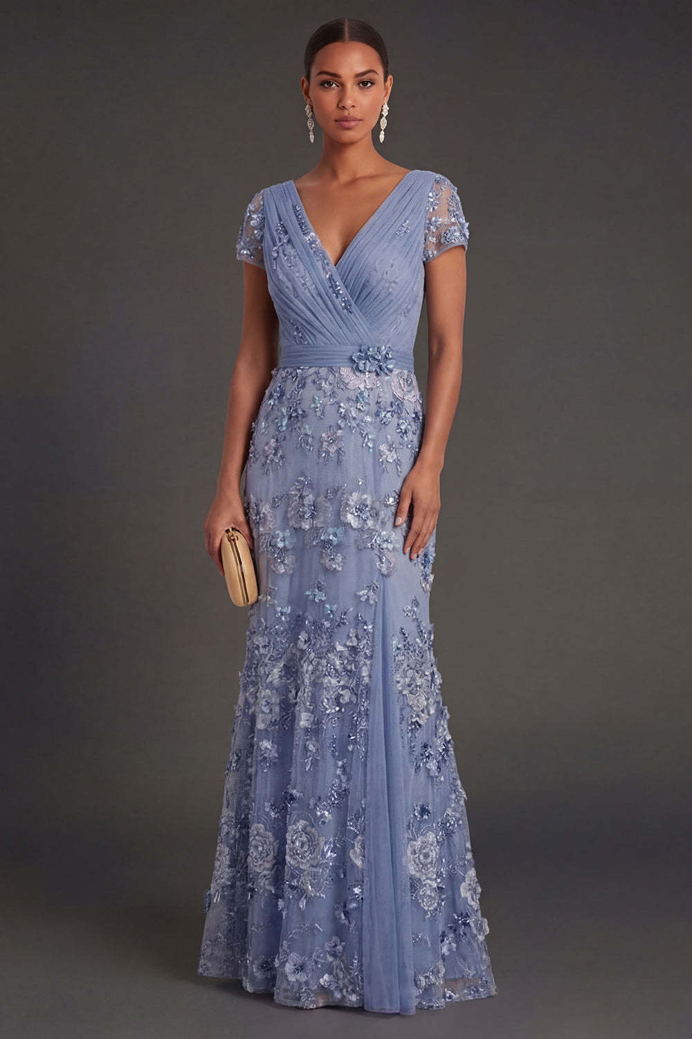 Leely Women Sparkly Sequined Dusty Blue Floral Long Wedding Guest Dress V Neck Short Sleeves Sheath Evening Dress