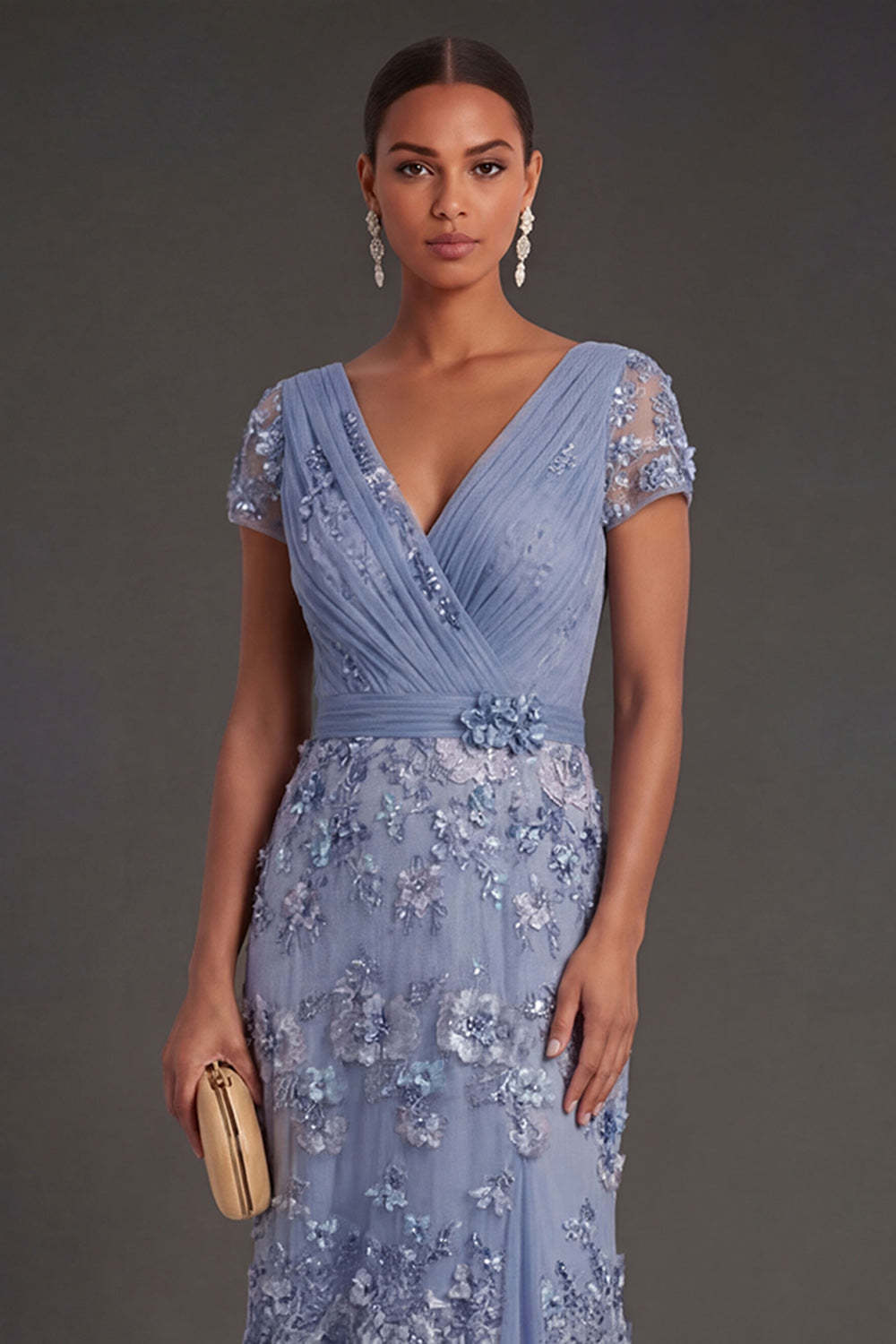 Sparkly Sequined Dusty Blue Floral V Neck Long Wedding Guest Dress