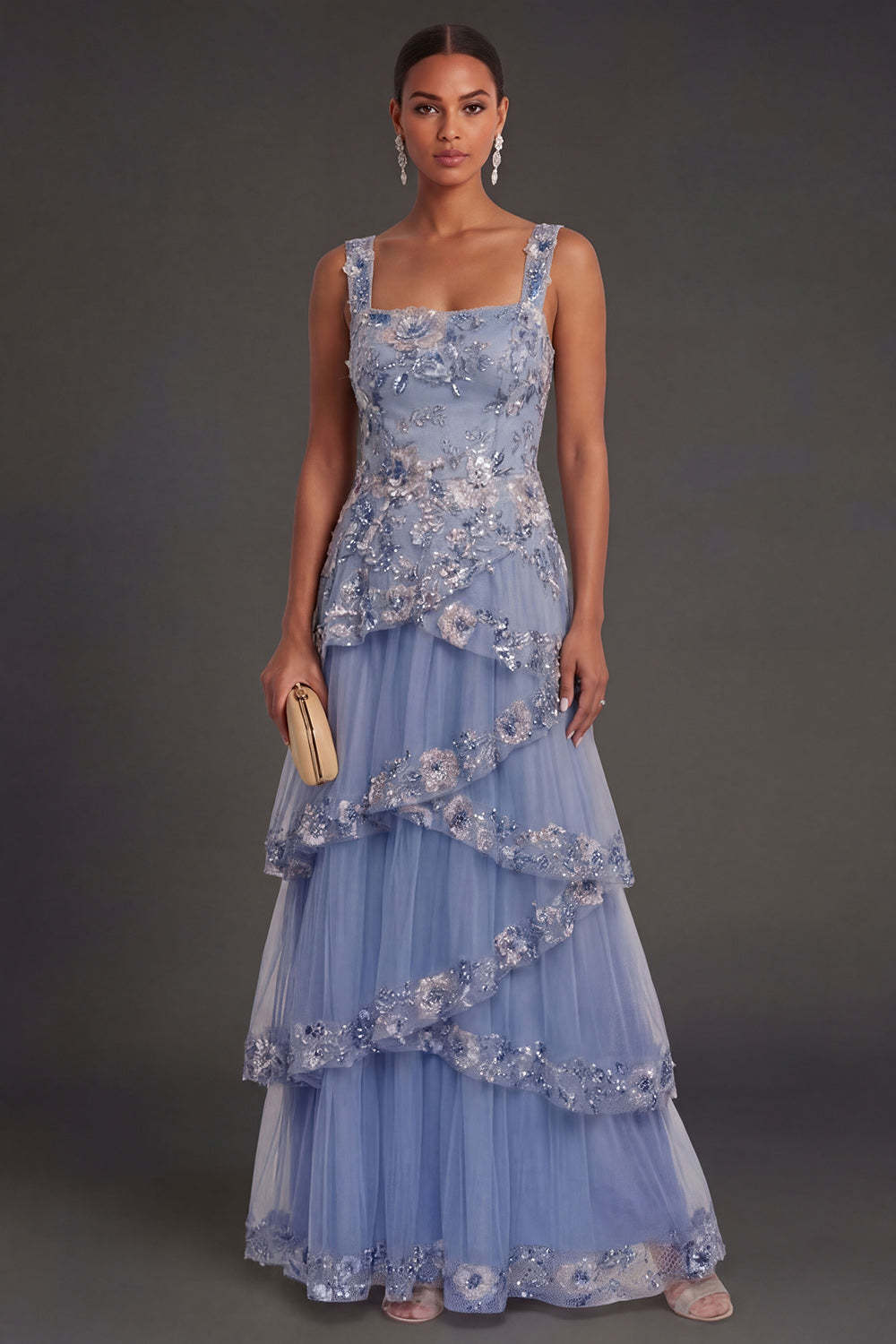 Leely Women Sparkly Sequined Dusty Blue Floral Long Wedding Guest Dress Thick Straps Ruffled Tiered Backless Evening Dress