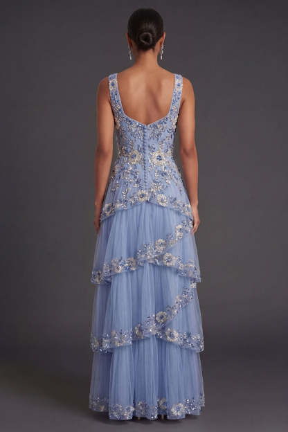 Sparkly Sequined Dusty Blue Floral Thick Straps Ruffled Tiered Long Wedding Guest Dress