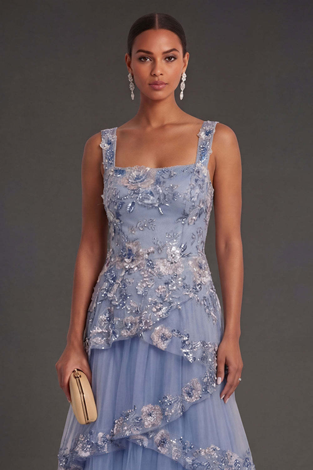 Sparkly Sequined Dusty Blue Floral Thick Straps Ruffled Tiered Long Wedding Guest Dress