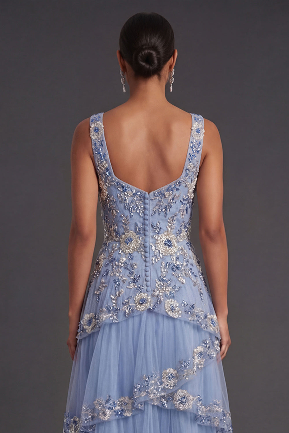 Sparkly Sequined Dusty Blue Floral Thick Straps Ruffled Tiered Long Wedding Guest Dress