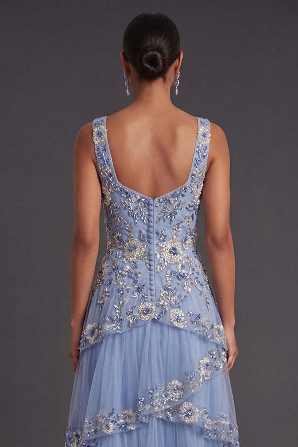 Sparkly Sequined Dusty Blue Floral Thick Straps Ruffled Tiered Long Wedding Guest Dress