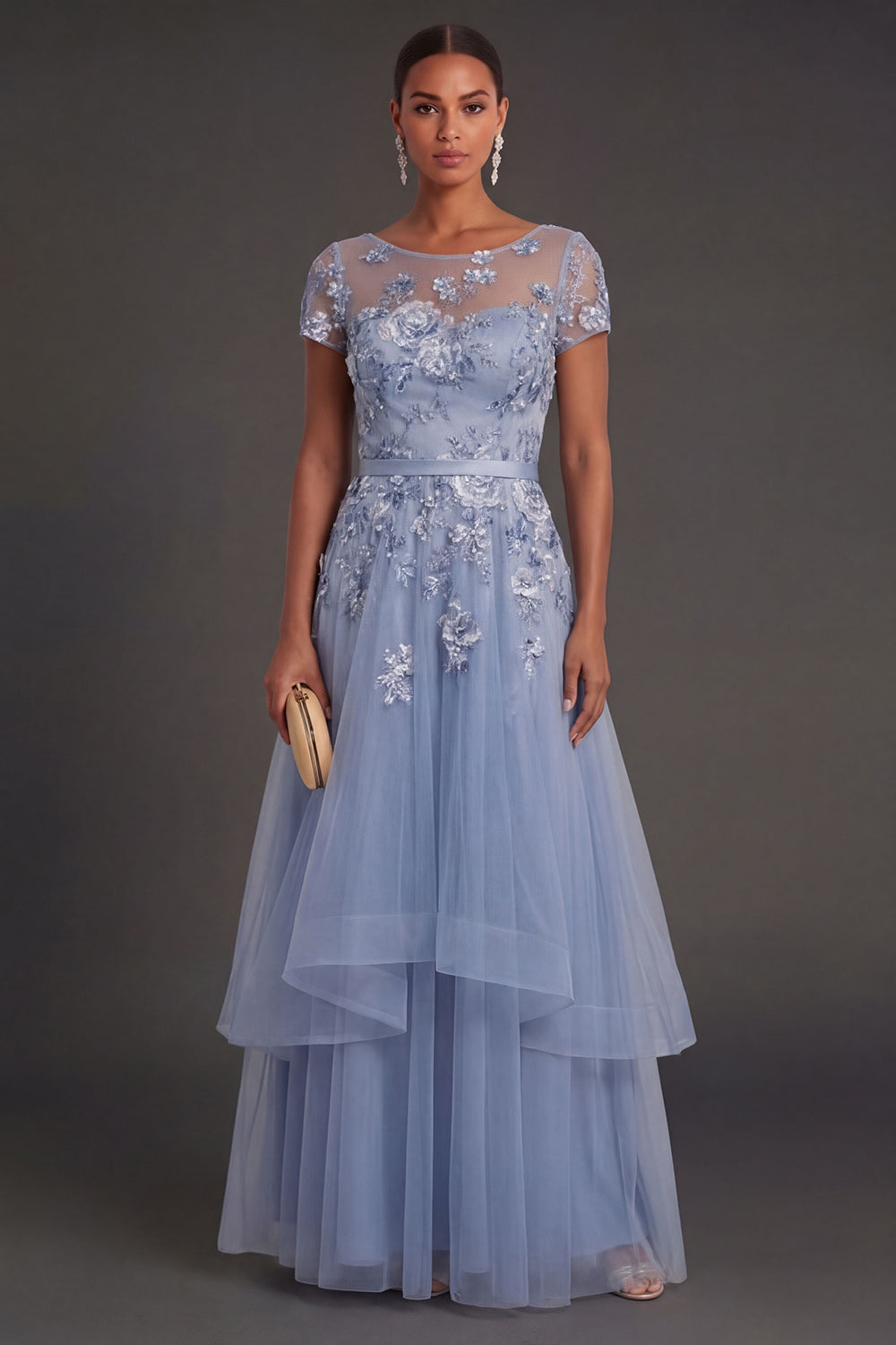 Leely Women Dusty Blue Floral A Line Long Wedding Guest Dress Illusion Neck Appliqued Short Sleeves Evening Dress