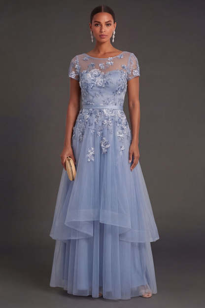 Leely Women Dusty Blue Floral A Line Long Wedding Guest Dress Illusion Neck Appliqued Short Sleeves Evening Dress