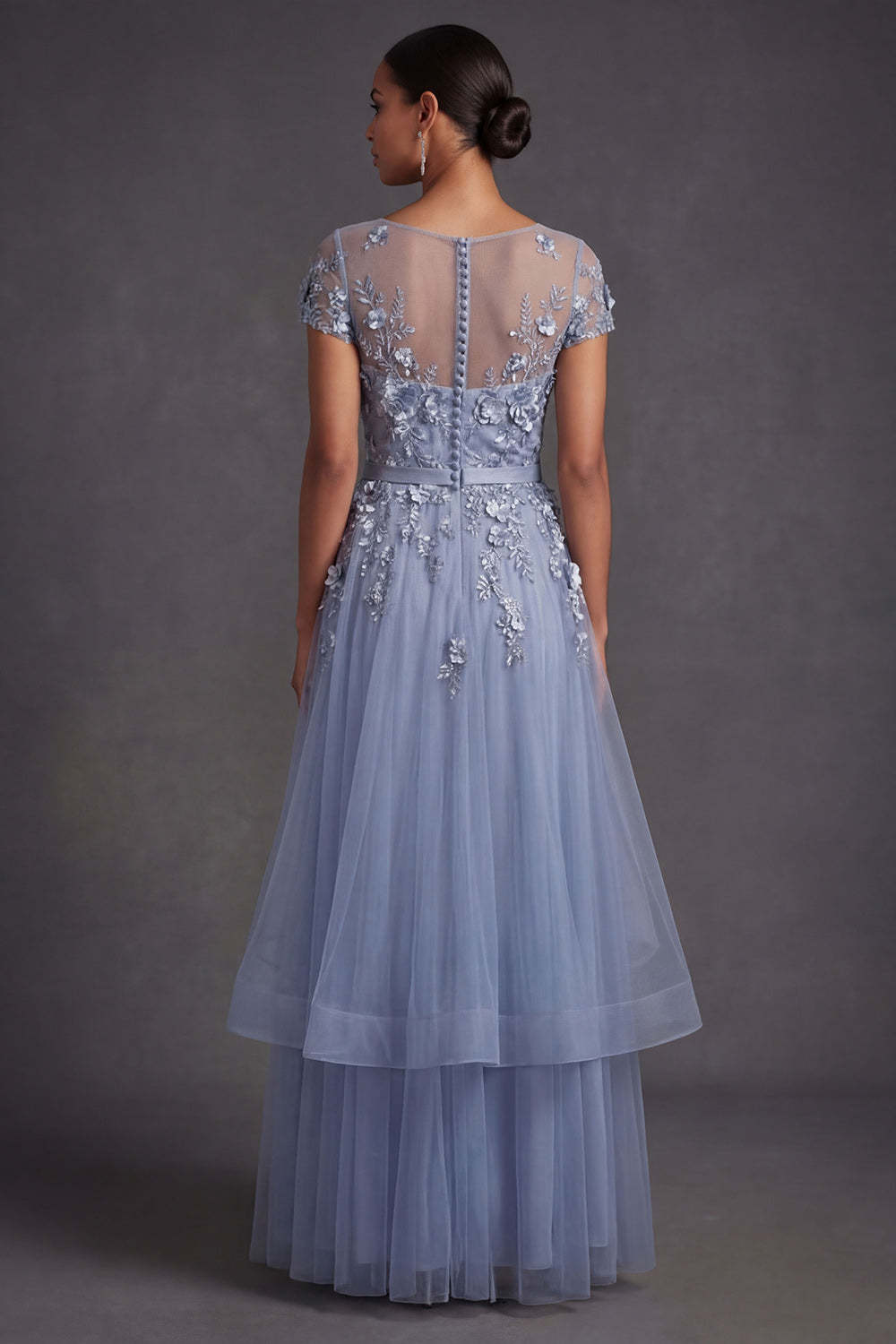 Dusty Blue Floral A Line Illusion Neck Appliqued Long Wedding Guest Dress