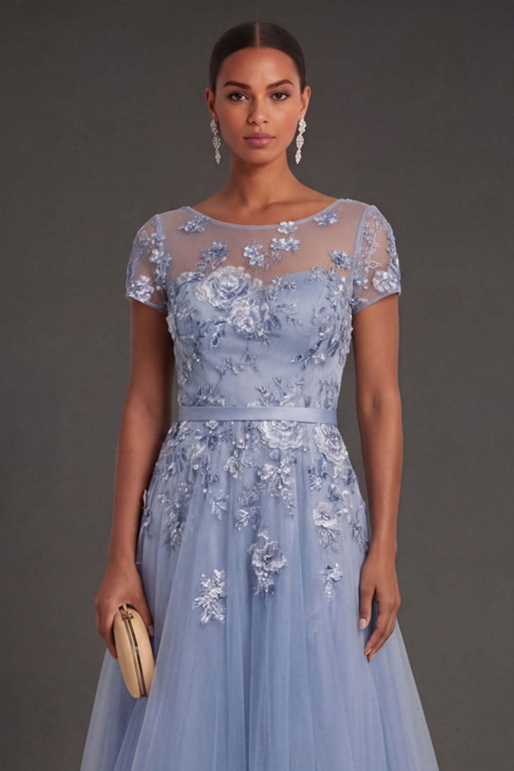 Dusty Blue Floral A Line Illusion Neck Appliqued Long Wedding Guest Dress