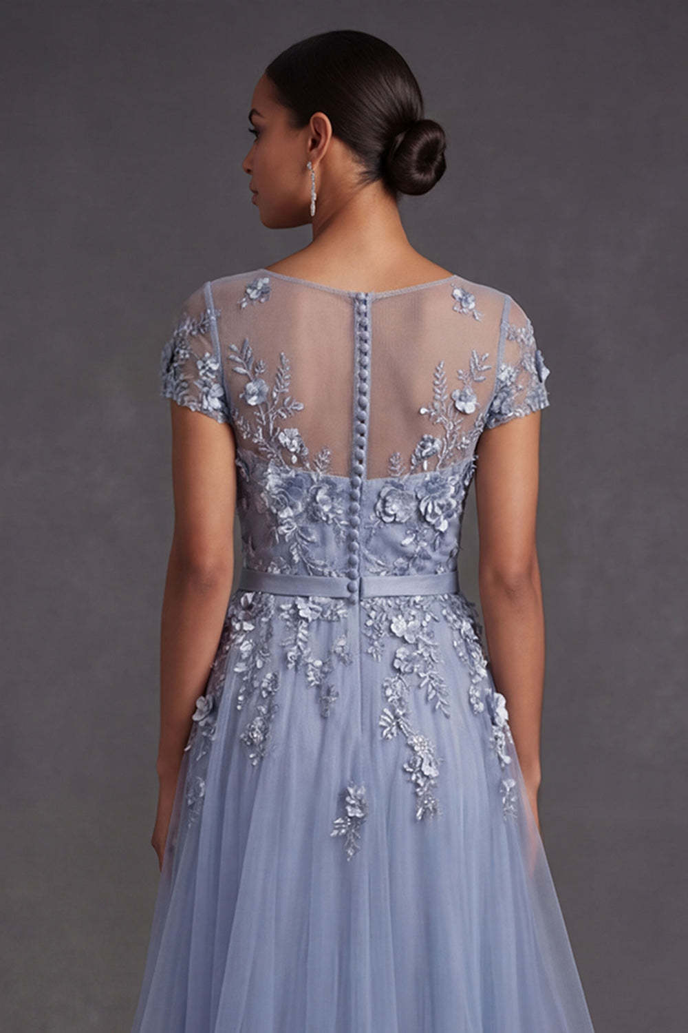 Dusty Blue Floral A Line Illusion Neck Appliqued Long Wedding Guest Dress