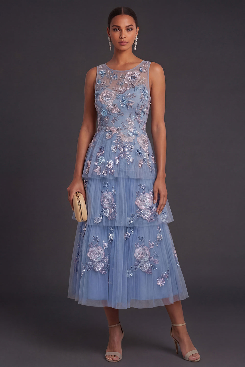 Leely Women Dusty Blue Floral Appliqued A Line Midi Wedding Guest Dress Illusion Neck Short Sleeves Formal Dress