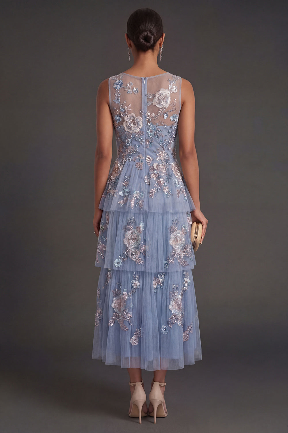 Dusty Blue Floral Appliqued A Line Illusion Neck Midi Wedding Guest Dress