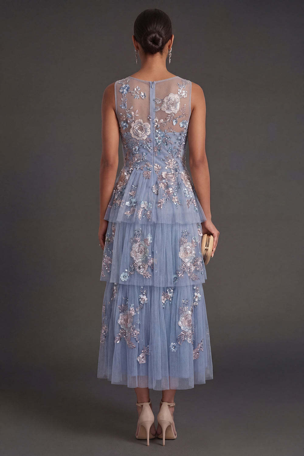 Dusty Blue Floral Appliqued A Line Illusion Neck Midi Wedding Guest Dress