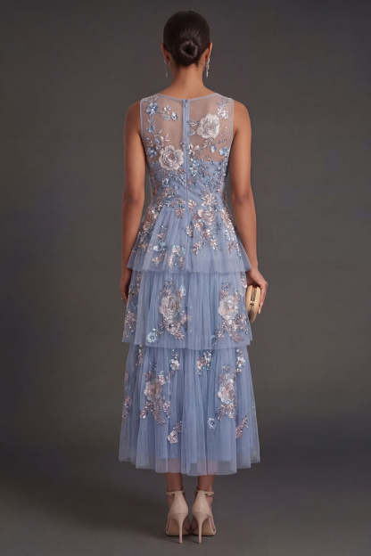 Dusty Blue Floral Appliqued A Line Illusion Neck Midi Wedding Guest Dress