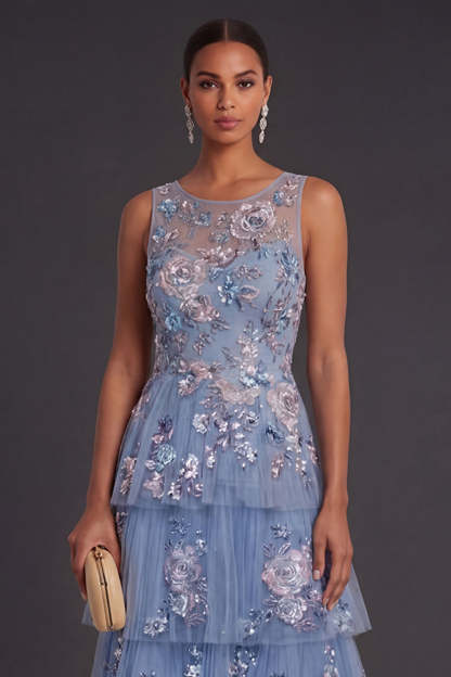 Dusty Blue Floral Appliqued A Line Illusion Neck Midi Wedding Guest Dress