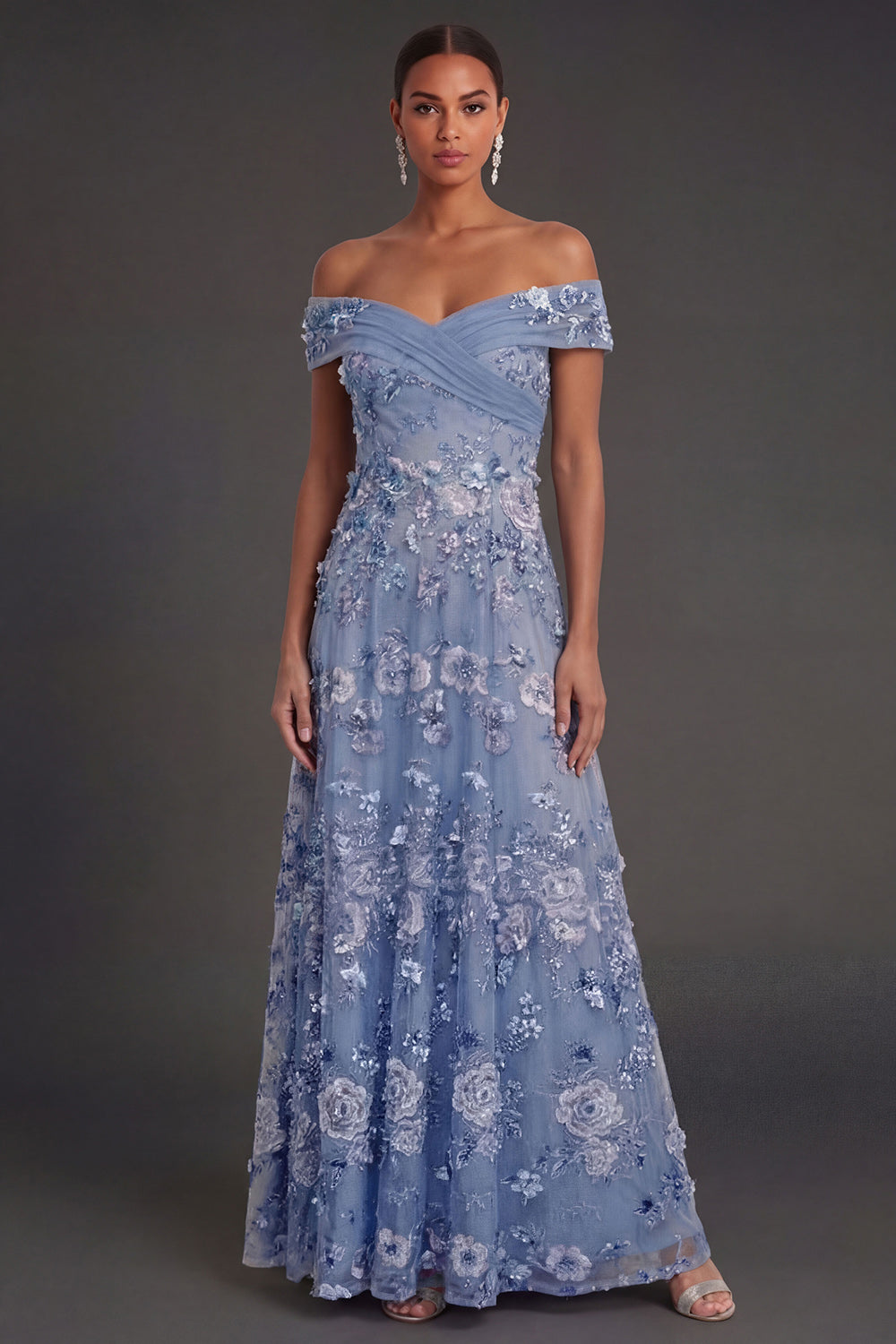 Dusty Blue Floral Appliqued A Line Off the Shoulder Long Wedding Guest Dress