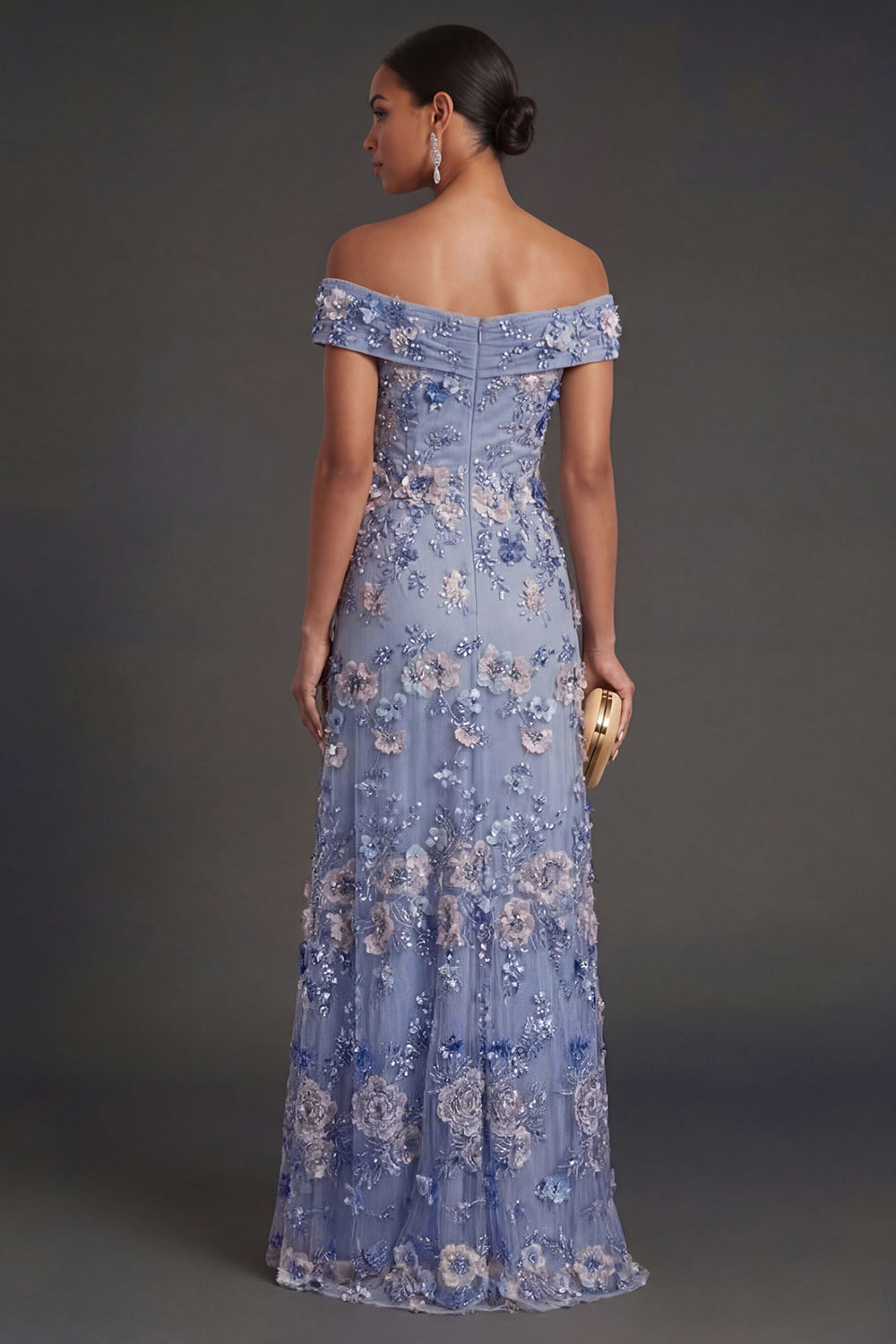 Dusty Blue Floral Appliqued A Line Off the Shoulder Long Wedding Guest Dress
