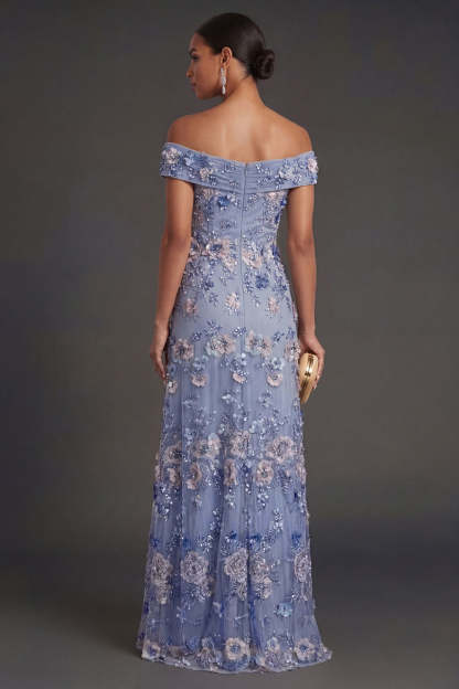Dusty Blue Floral Appliqued A Line Off the Shoulder Long Wedding Guest Dress